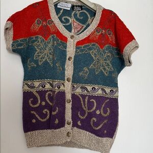 Palrac linen  Panache Red and Teal Knit short sleeve Cardigan size 44 Italy